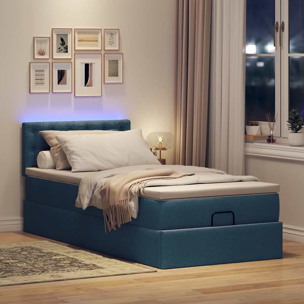 Lit ottoman avec matelas et LED Bleu 90x200 cm Tissu