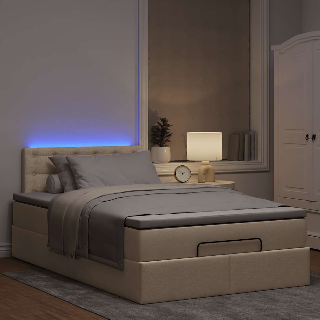 Lit ottoman avec matelas et LED crème 120x190 cm tissu