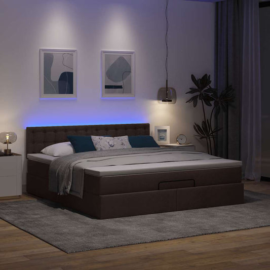 Lit ottoman avec matelas et LED Marron foncé 180x200 cm tissu