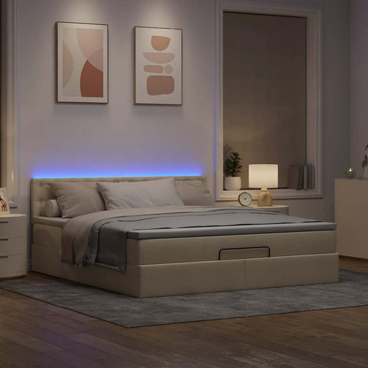 Lit ottoman avec matelas et LED crème 180x200cm tissu