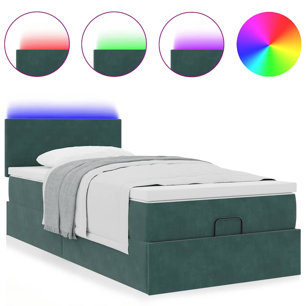 Lit ottoman avec matelas et LED Vert foncé 90x200cm velours