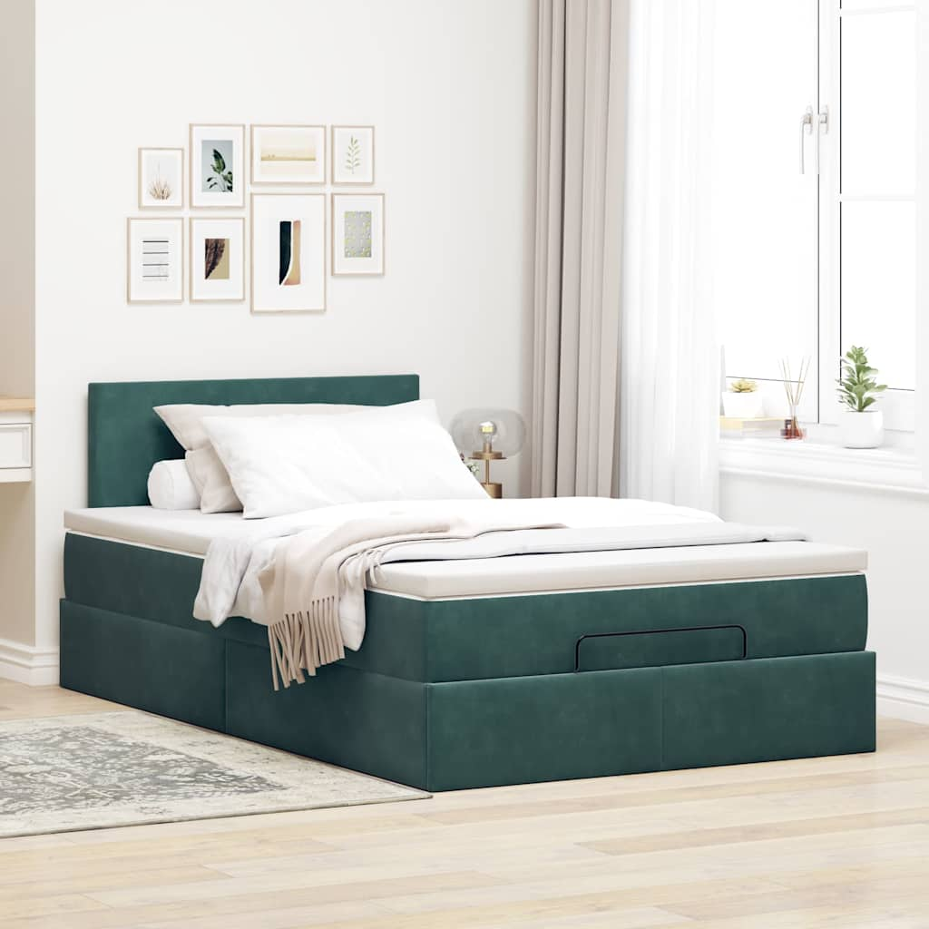 Lit ottoman avec matelas et LED vert foncé 90x200cm velours