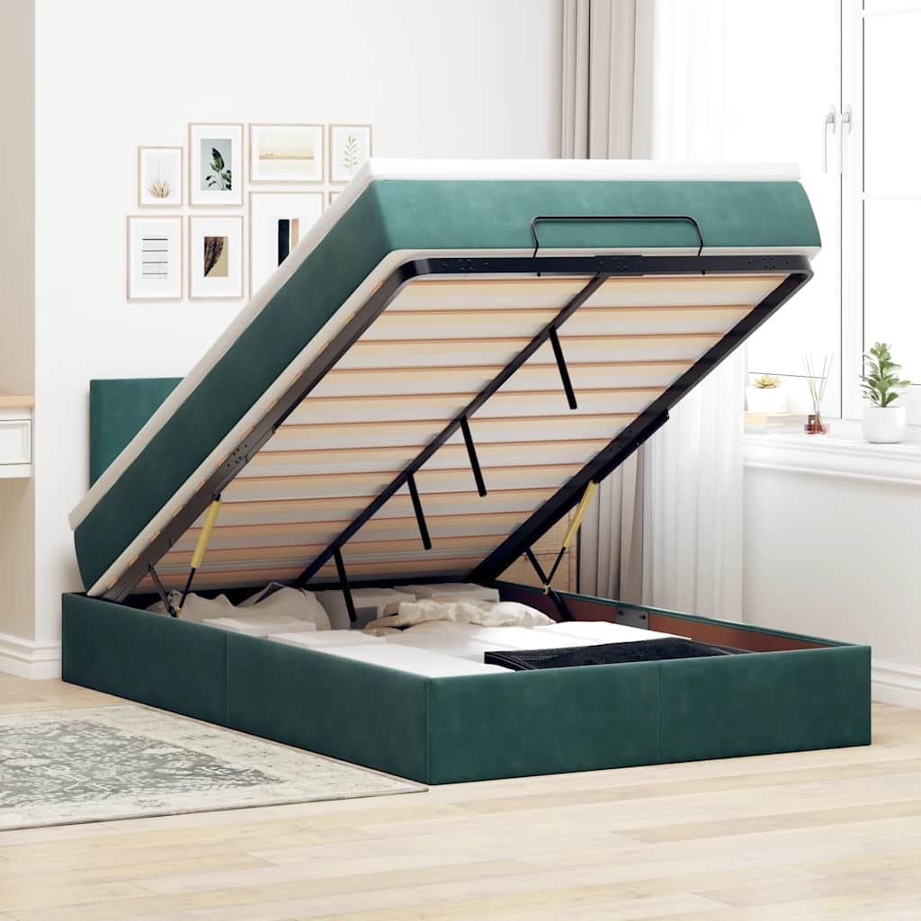 Lit ottoman avec matelas et LED vert foncé 90x200cm velours