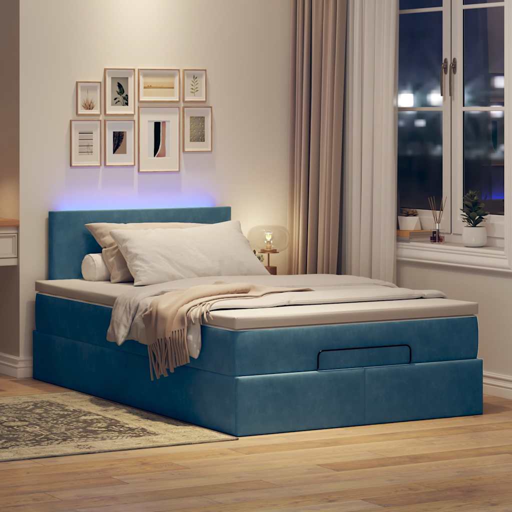 Lit ottoman avec matelas et LED bleu foncé 90x200cm velours