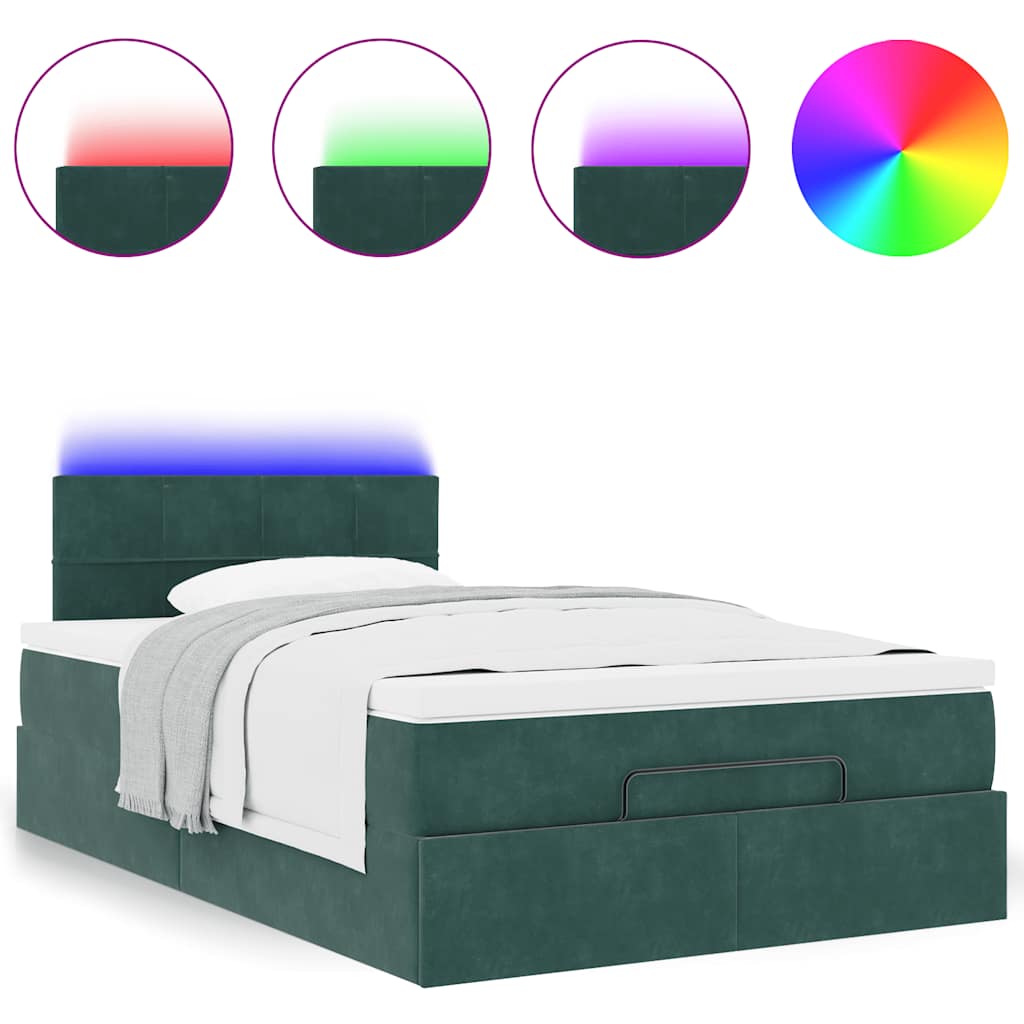 Lit ottoman avec matelas et LED vert foncé 90x200cm velours