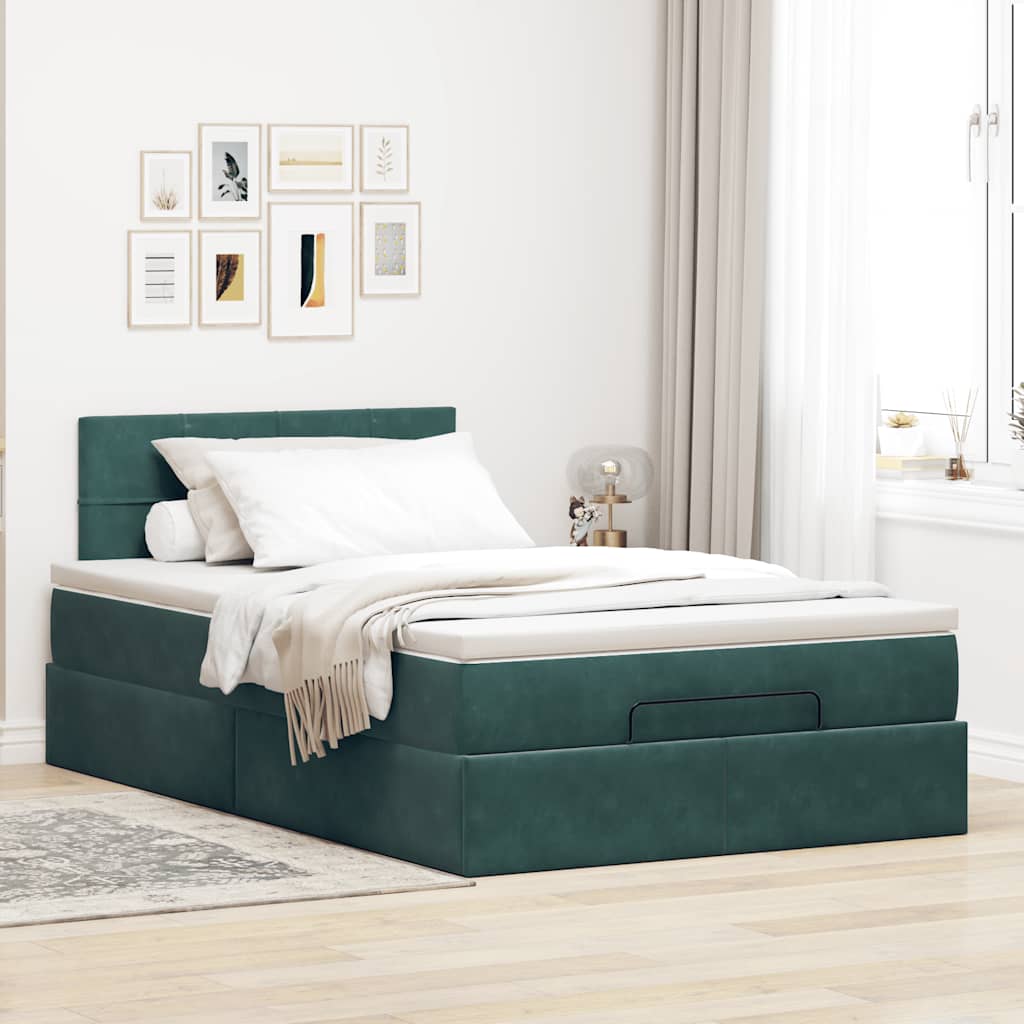 Lit ottoman avec matelas et LED vert foncé 90x200cm velours