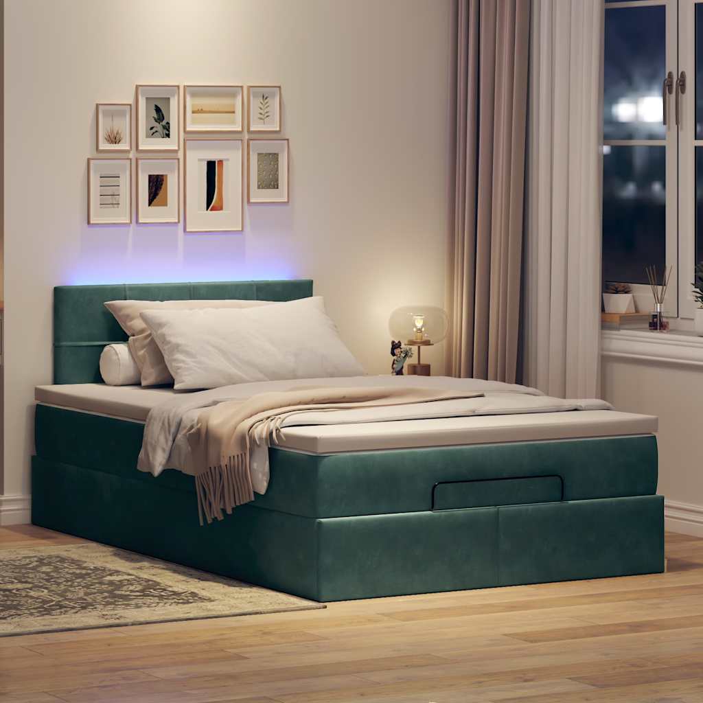 Lit ottoman avec matelas et LED vert foncé 90x200cm velours