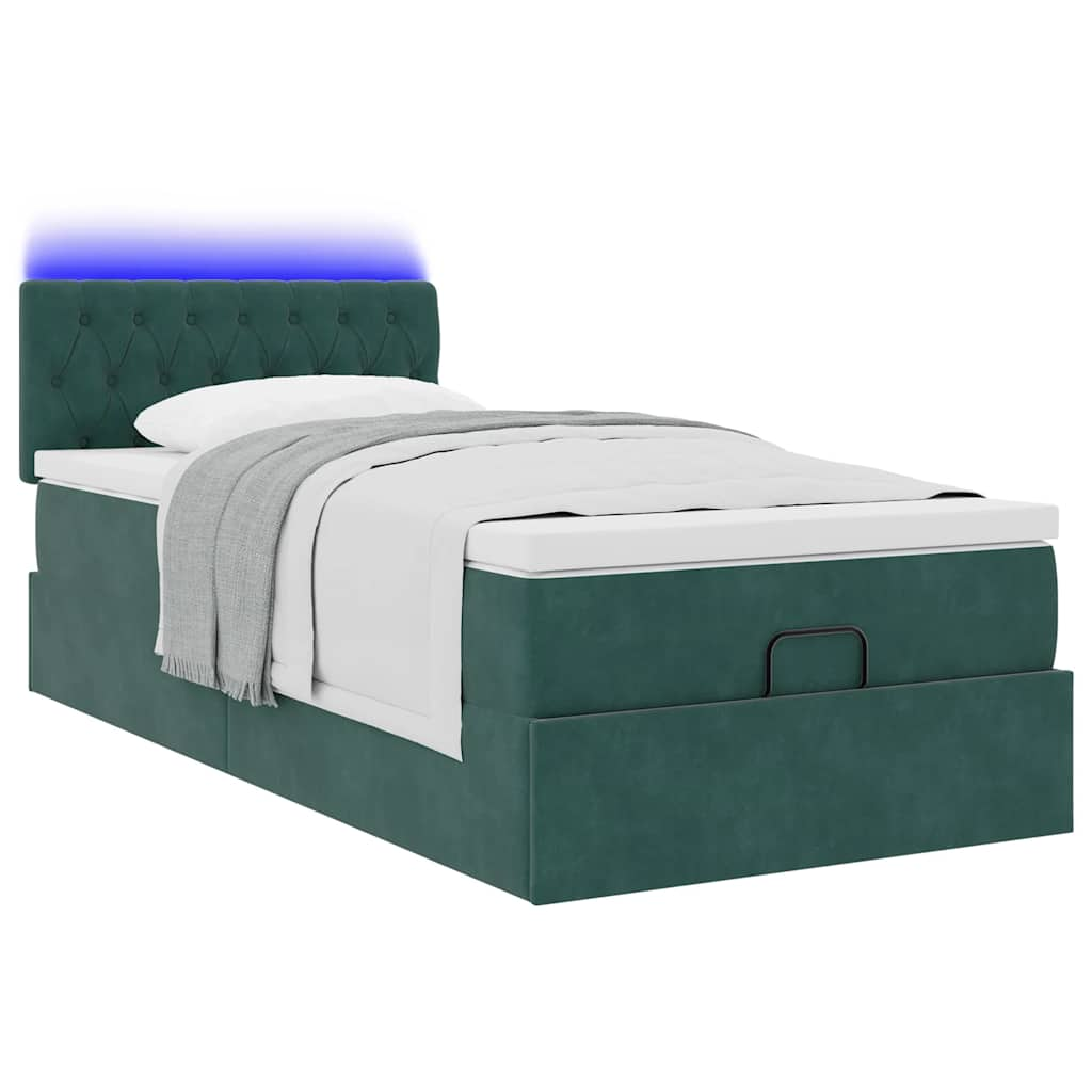 Lit ottoman avec matelas et LED Vert foncé 90x200cm velours