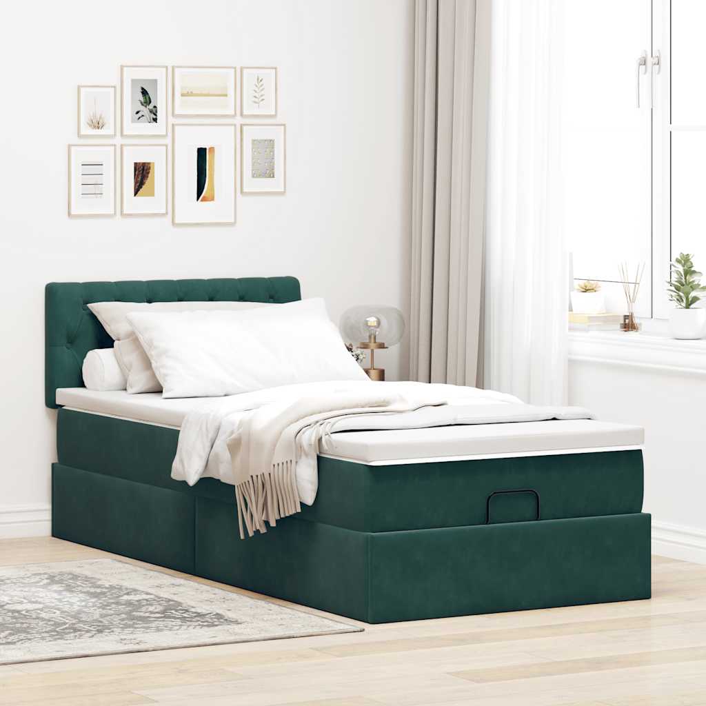 Lit ottoman avec matelas et LED Vert foncé 90x200cm velours