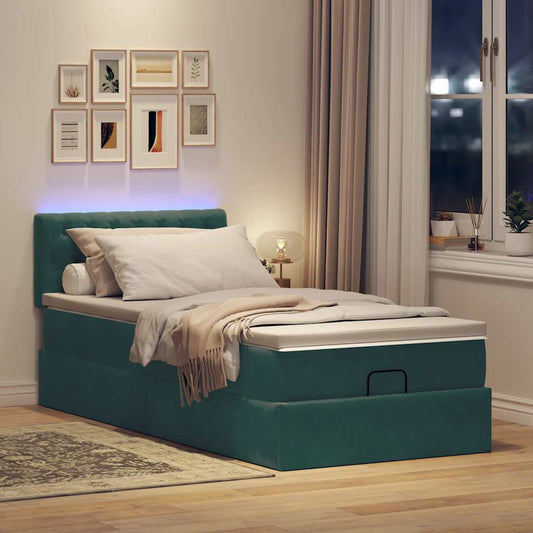 Lit ottoman avec matelas et LED Vert foncé 90x200cm velours