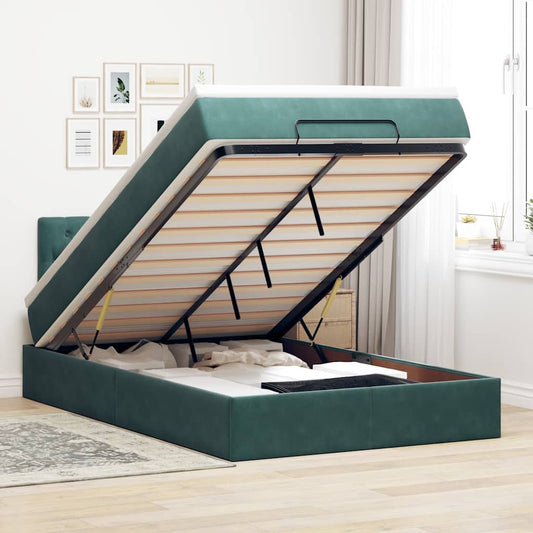 Lit ottoman avec matelas et LED vert foncé 90x200cm velours