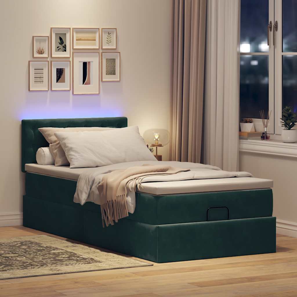 Lit ottoman avec matelas et LED Vert foncé 90x200cm velours