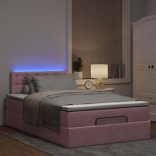 Lit ottoman avec matelas et LED rose 120x190 cm velours