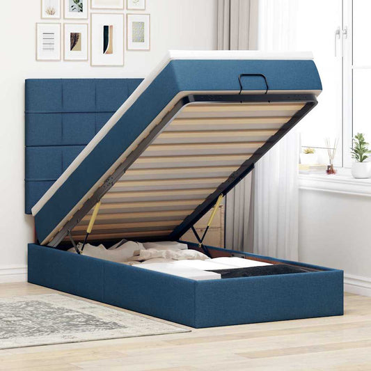 Cadre de lit ottoman avec matelas bleu 90x200 cm tissu