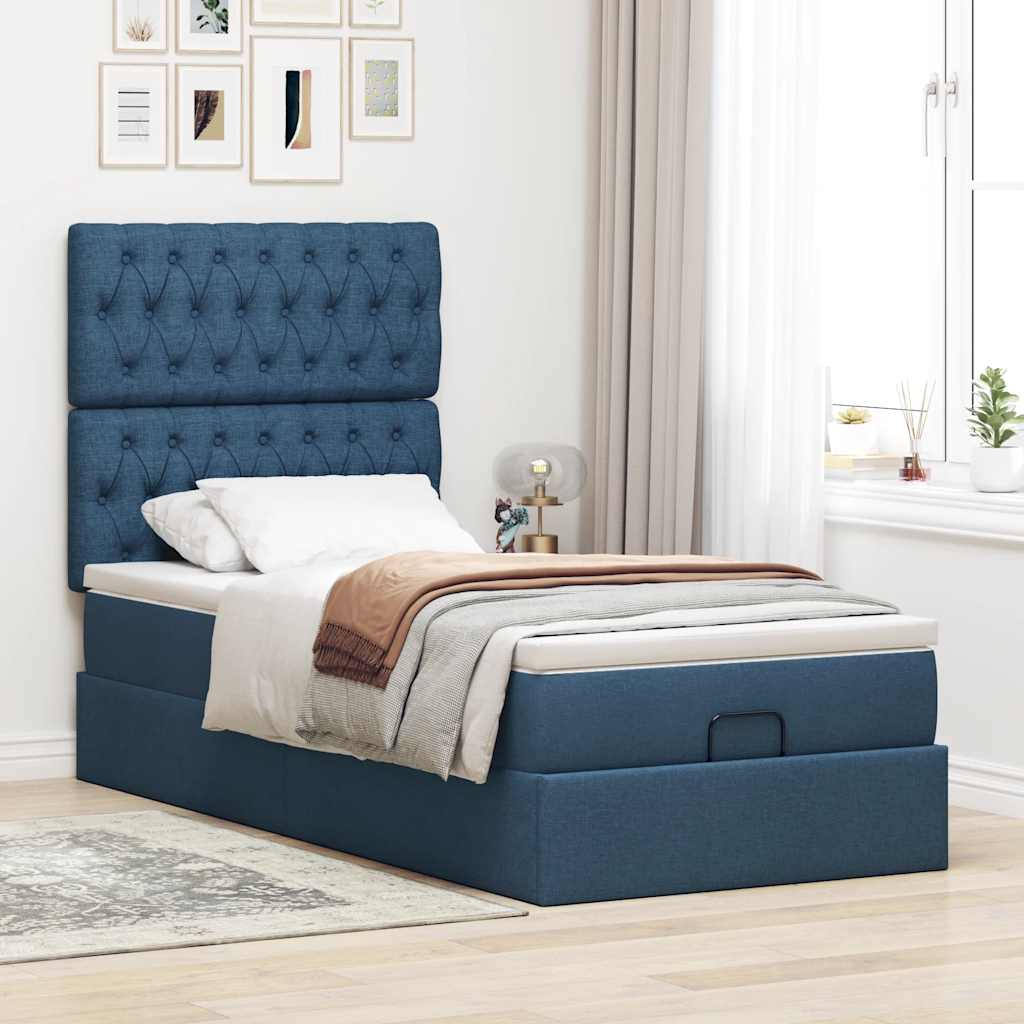 Lit ottoman avec matelas bleu 90x200 cm tissu