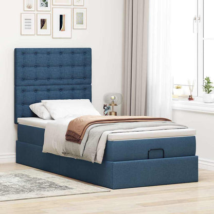 Cadre de lit ottoman avec matelas bleu 90x200 cm tissu