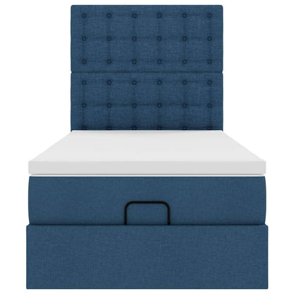 Cadre de lit ottoman avec matelas bleu 90x200 cm tissu