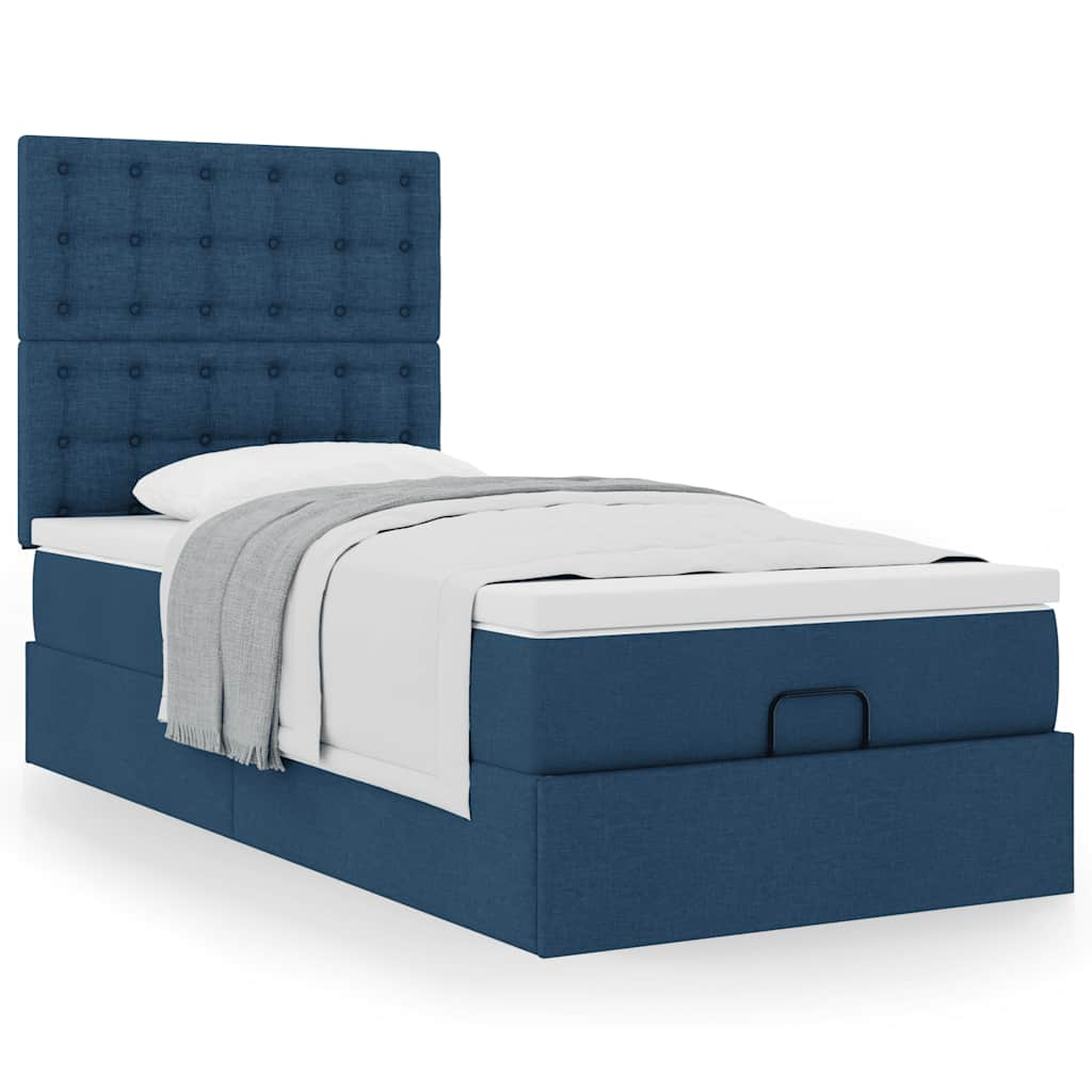 Cadre de lit ottoman avec matelas bleu 90x200 cm tissu