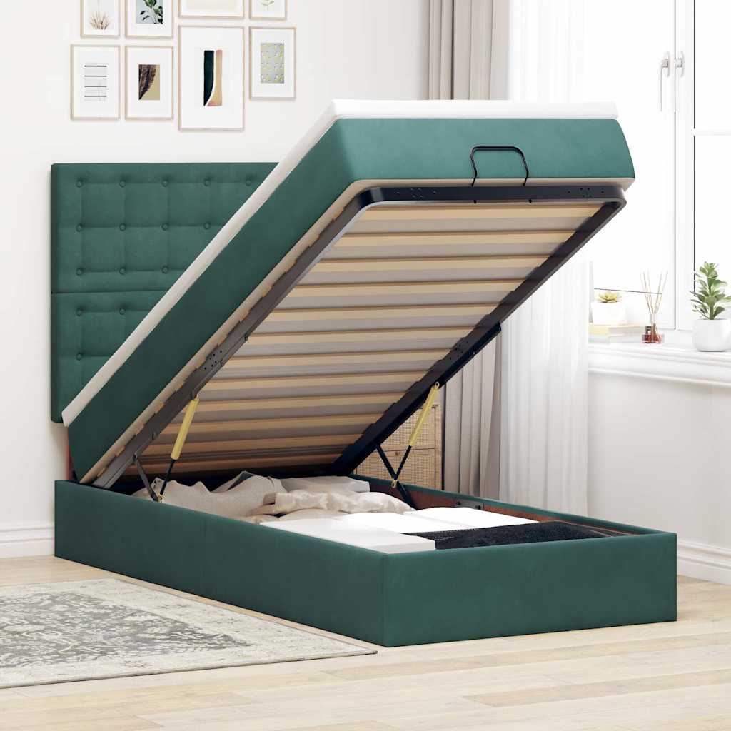 Cadre de lit ottoman avec matelas vert foncé 90x200 cm velours