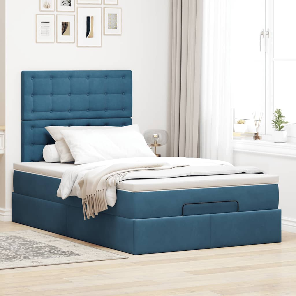 Cadre de lit ottoman avec matelas bleu foncé 120x190 cm velours