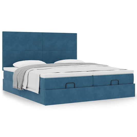 Cadre de lit ottoman avec matelas bleu foncé 160x200 cm velours