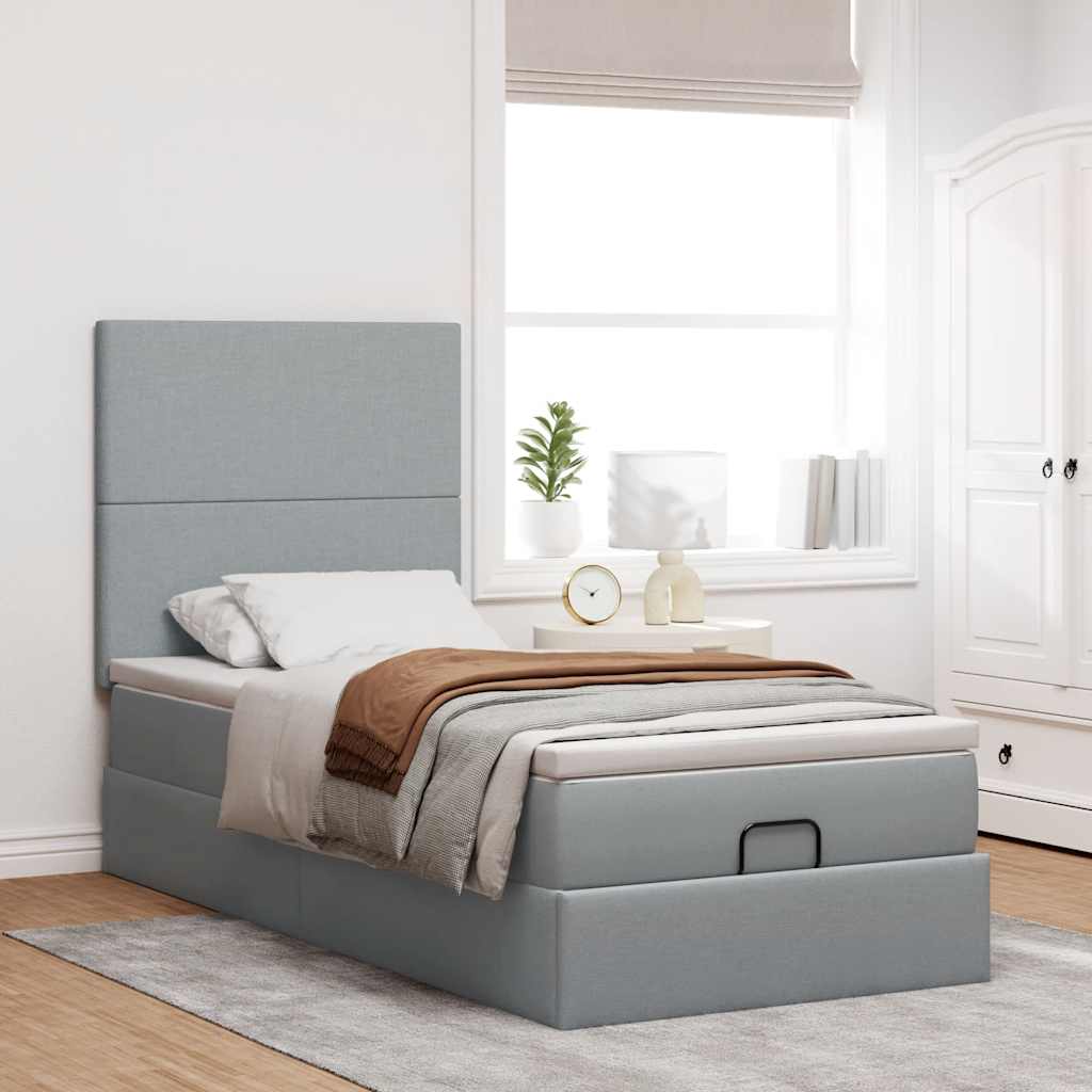 Cadre de lit ottoman et matelas gris clair 90x200 cm tissu