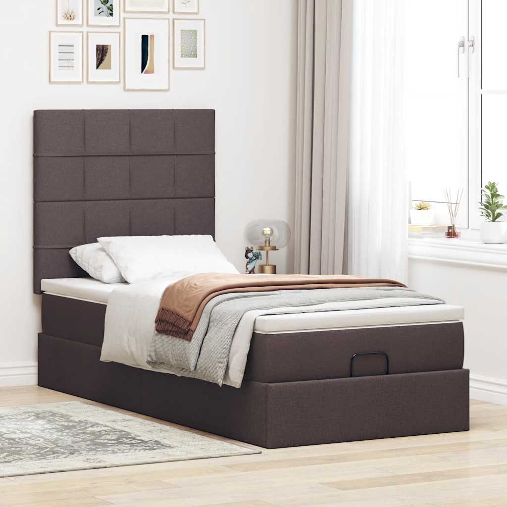 Cadre de lit ottoman avec matelas marron foncé 90x200 cm tissu