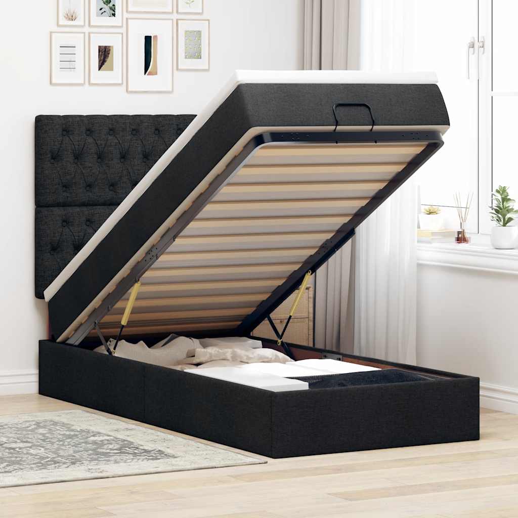 Cadre de lit ottoman avec matelas noir 80x200 cm tissu