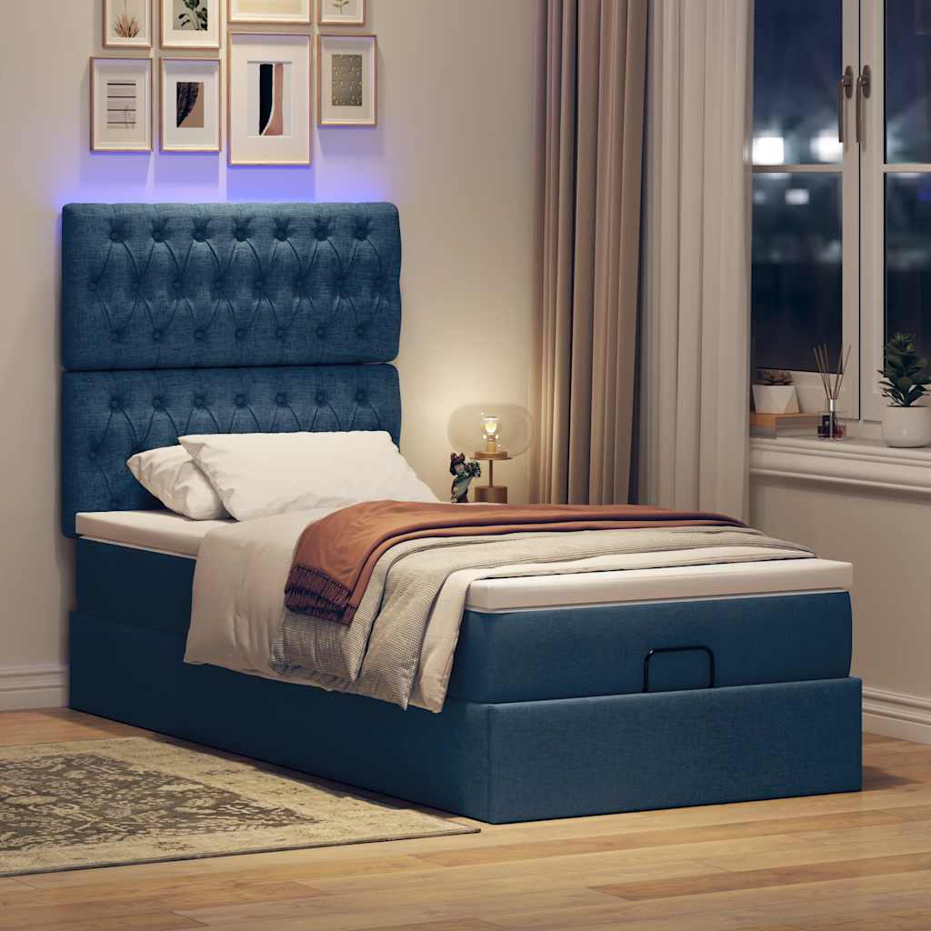 Lit ottoman avec matelas et LED Bleu 90x200 cm Tissu