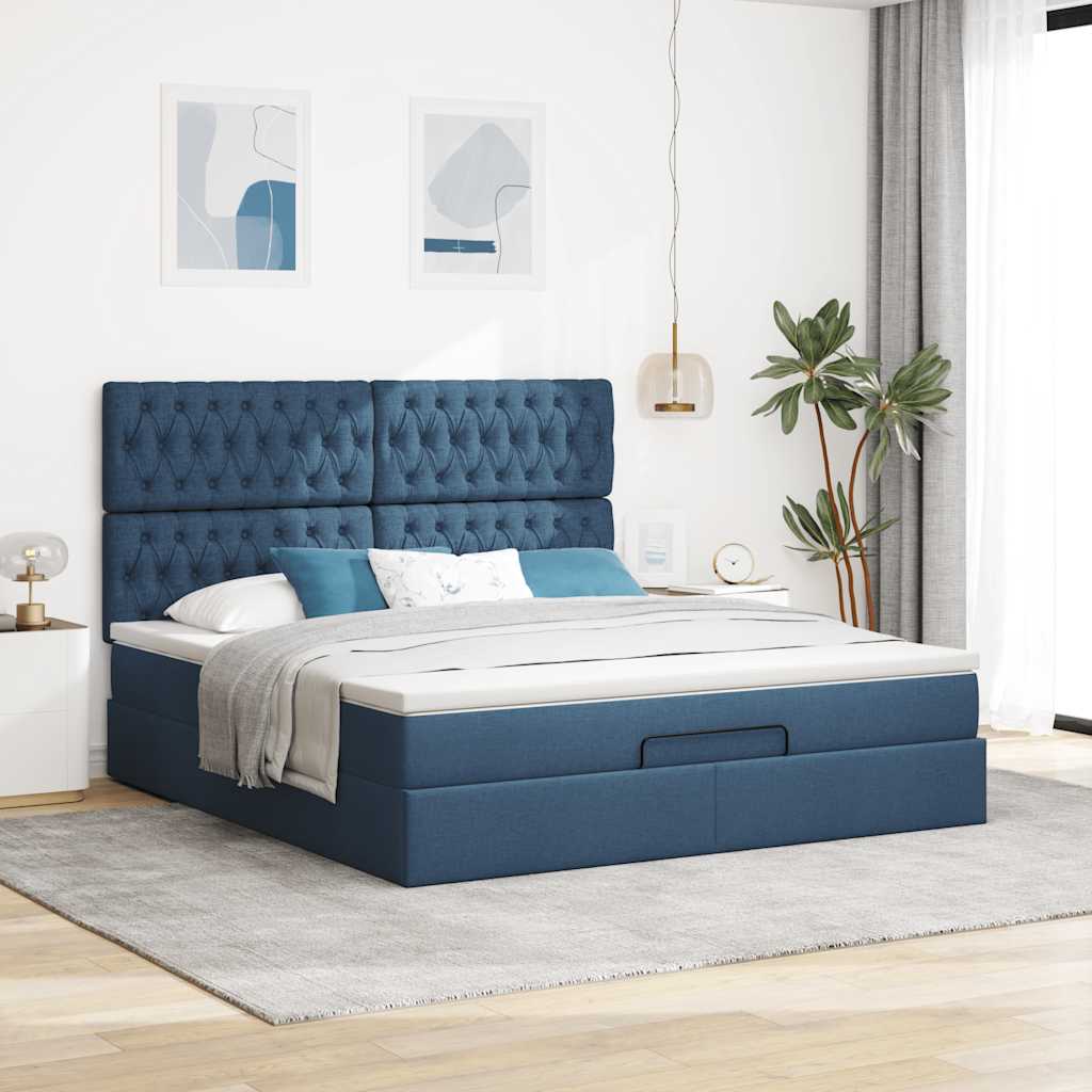 Cadre de lit ottoman avec matelas bleu 180x200 cm tissu