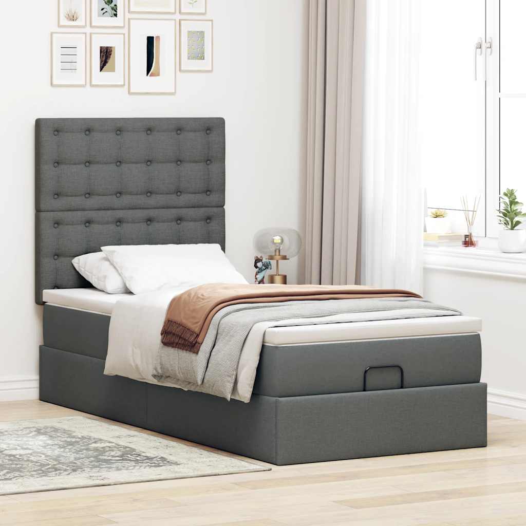 Cadre de lit ottoman avec matelas gris foncé 90x200 cm tissu