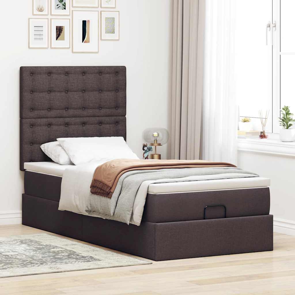 Cadre de lit ottoman avec matelas marron foncé 90x200 cm tissu