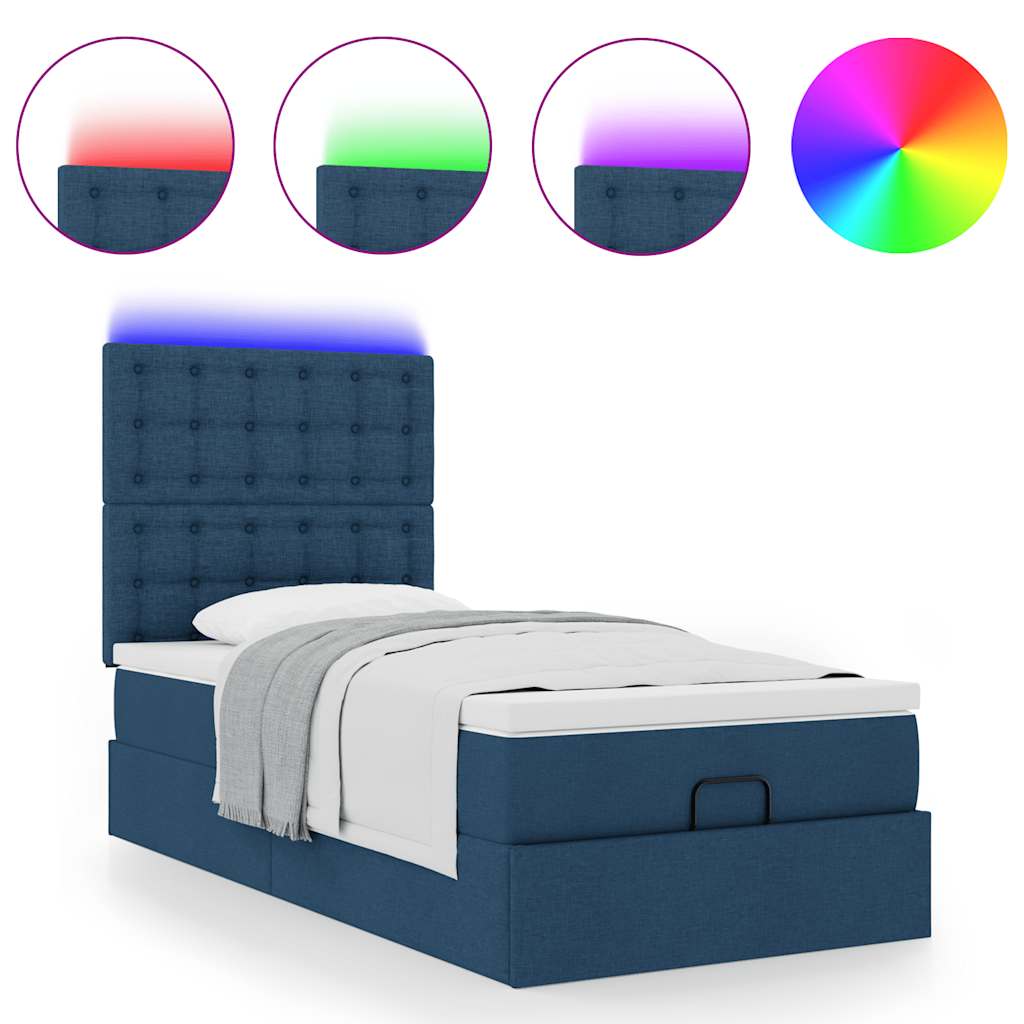 Lit ottoman avec matelas et LED Bleu 90x200 cm Tissu