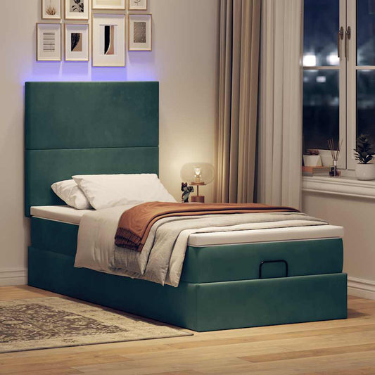 Cadre de lit ottoman avec matelas vert foncé 90x200 cm velours