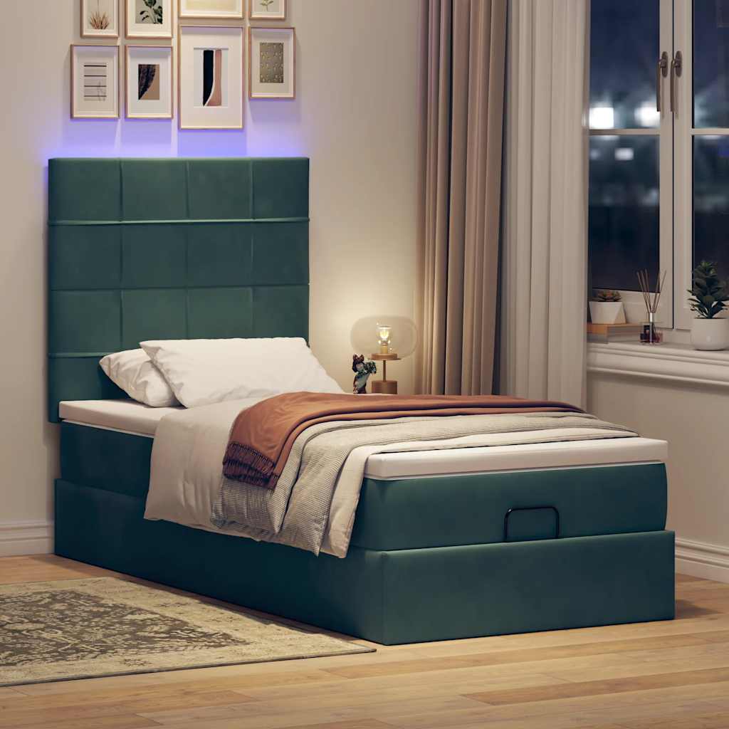 Cadre de lit ottoman avec matelas vert foncé 90x200 cm velours