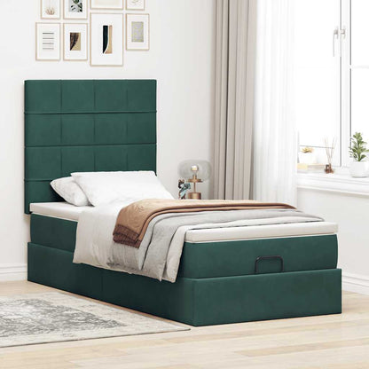 Cadre de lit ottoman avec matelas vert foncé 90x200 cm velours