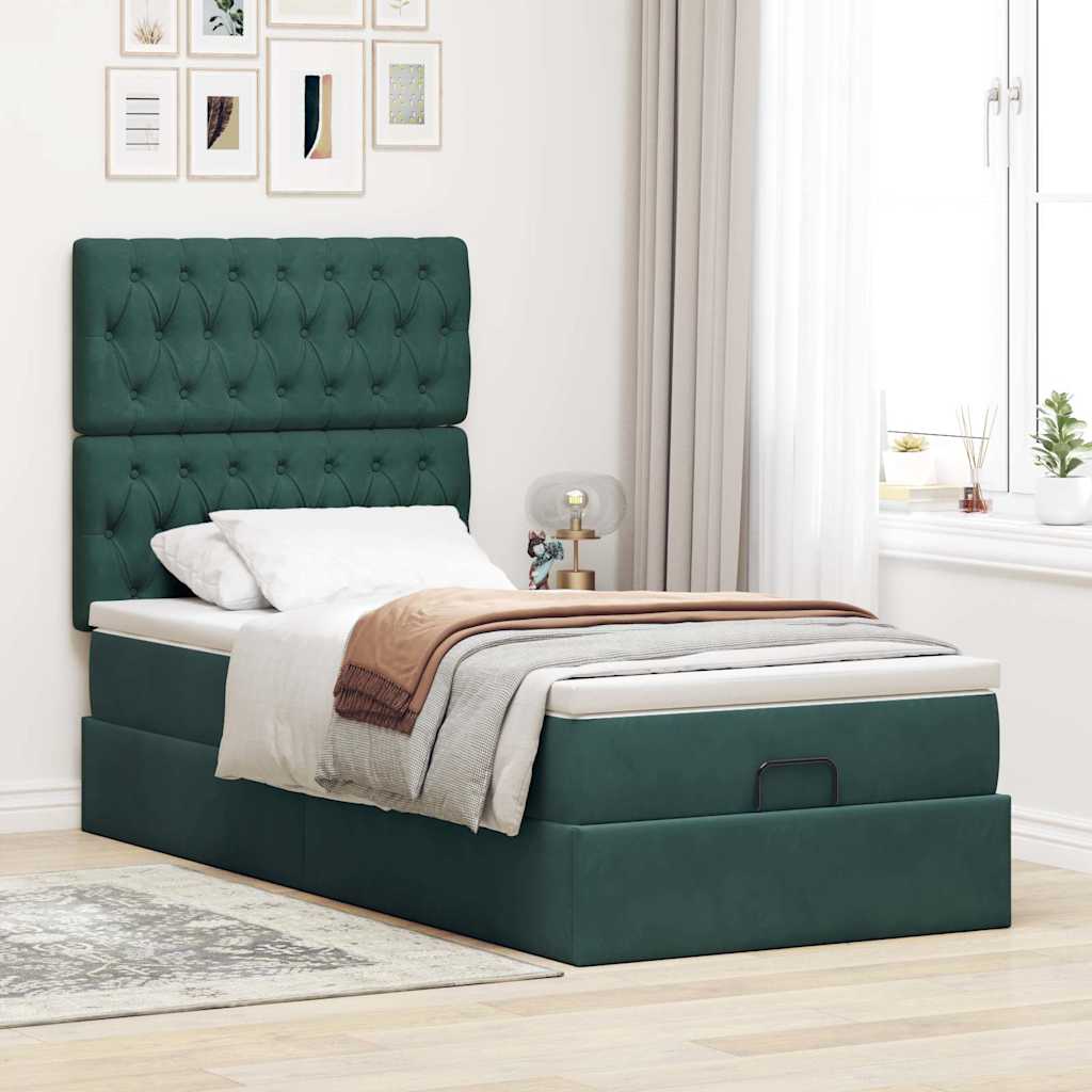 Cadre de lit ottoman avec matelas vert foncé 80x200 cm velours