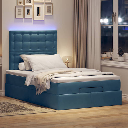 Cadre de lit ottoman avec matelas bleu foncé 120x190 cm velours