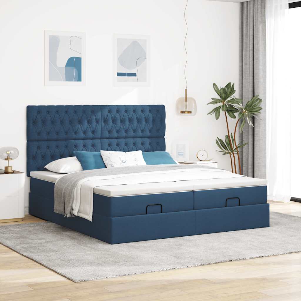 Cadre de lit ottoman avec matelas bleu 180x200 cm tissu