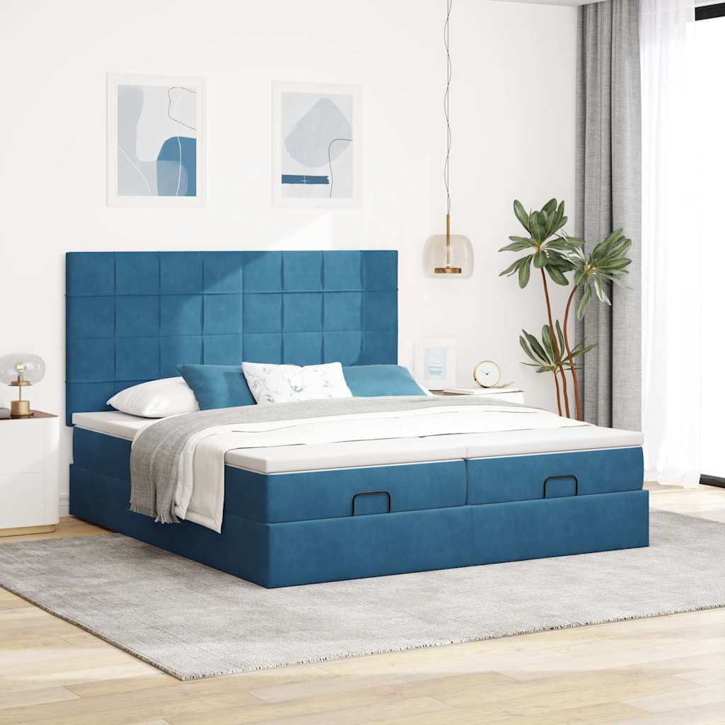 Cadre de lit ottoman avec matelas bleu foncé 160x200 cm velours