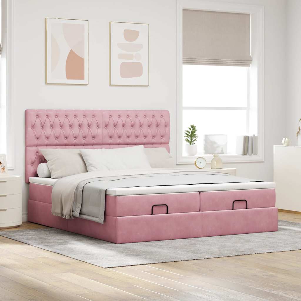 Cadre de lit ottoman avec matelas rose 160x200 cm velours