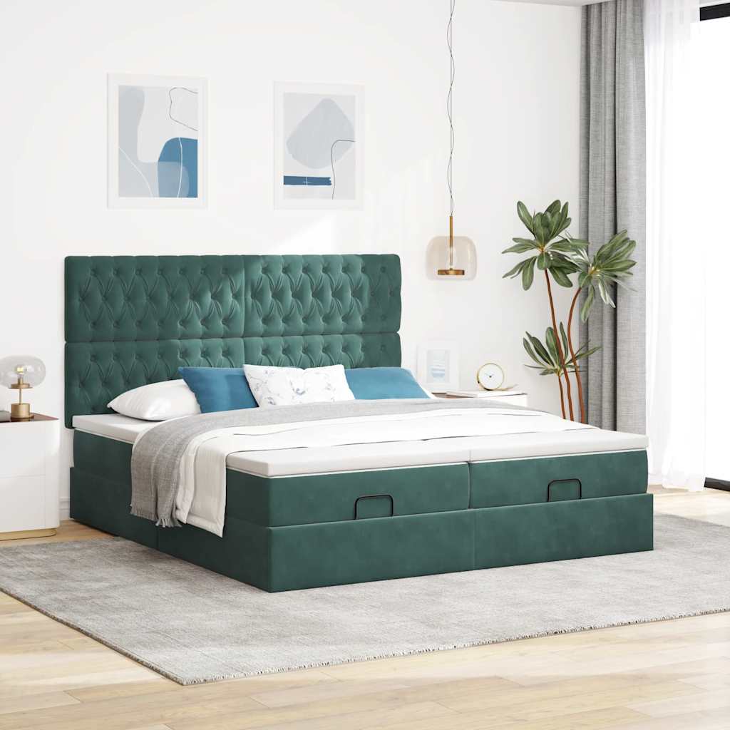 Cadre de lit ottoman avec matelas vert foncé 180x200cm velours