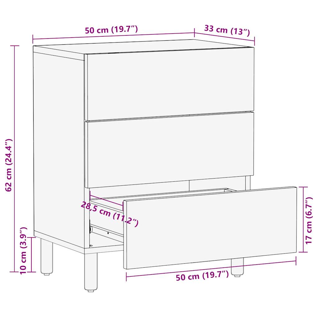 Table de chevet noir 50x33x62 cm bois de manguier massif brut