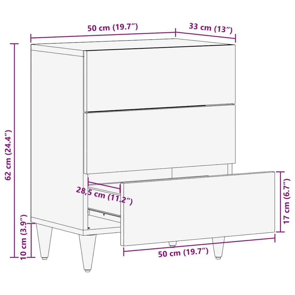 Table de chevet 50x33x60 cm bois de manguier massif