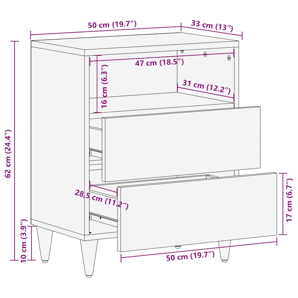 Table de chevet 50x33x60 cm bois de manguier massif