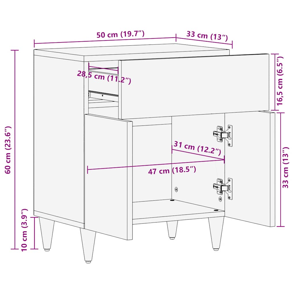 Table de chevet 50x33x60 cm bois de manguier massif