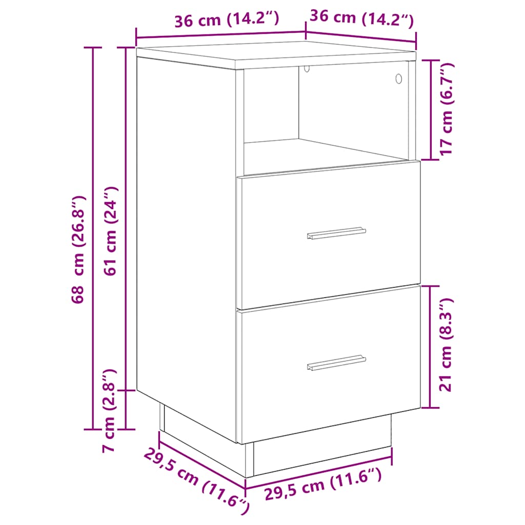 Table de chevet avec 2 tiroirs vieux bois 36x36x68 cm