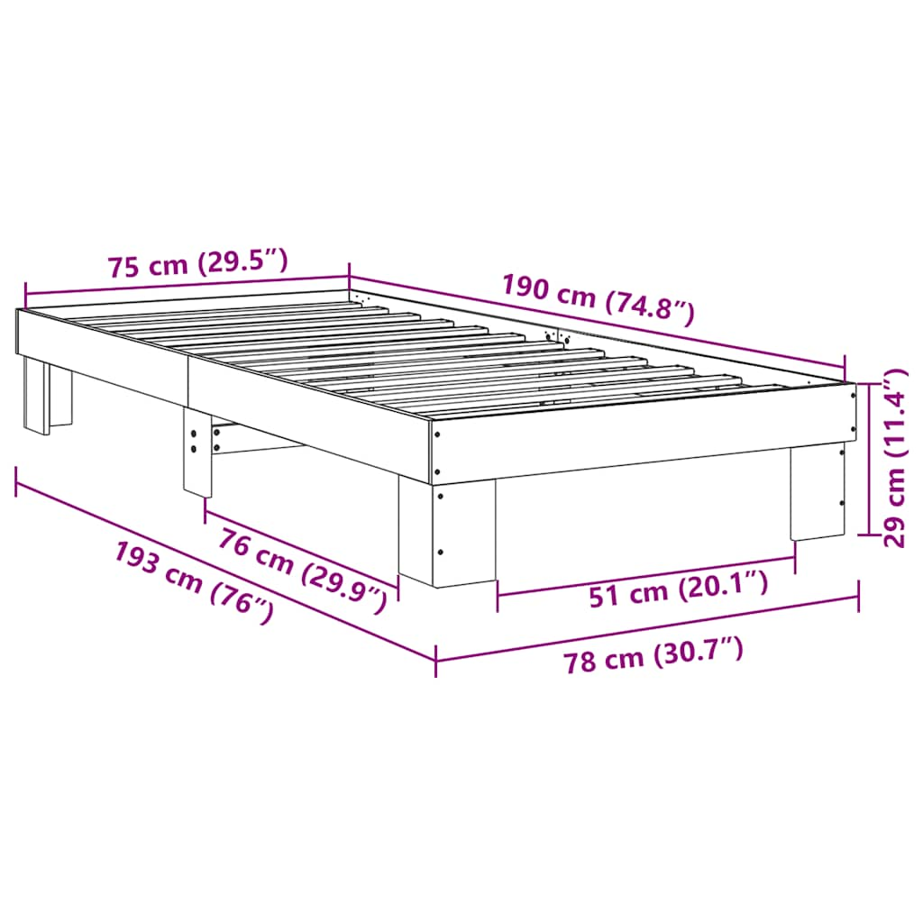 Cadre de lit sans matelas 75x190 cm bois massif de chêne