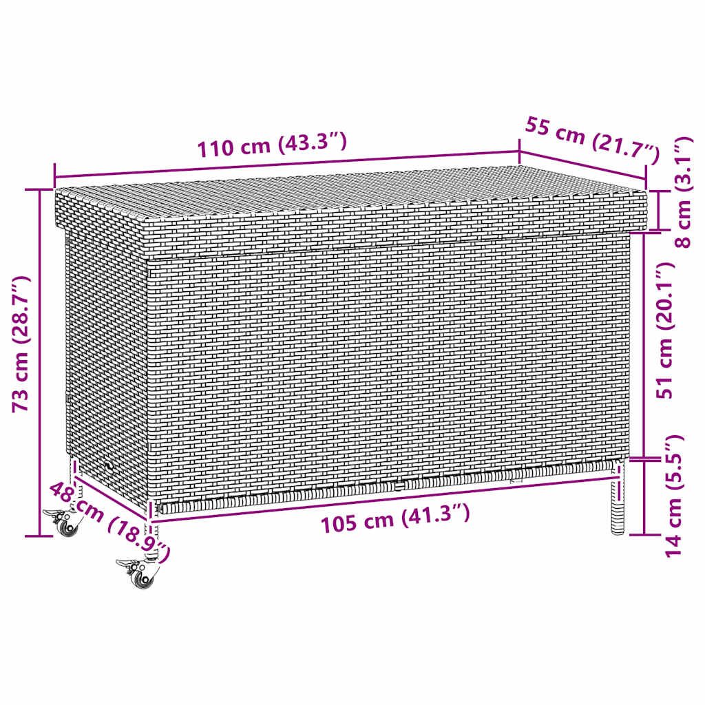 Boîte de rangement de jardin et roues marron résine tressée