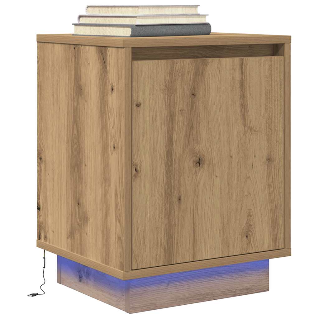 Armoire de chevet et lumières LED chêne artisanal 38x34x50 cm